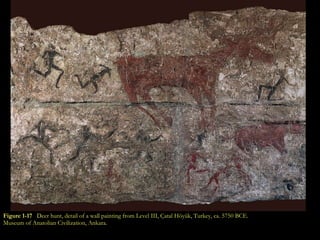 Figure 1-17   Deer hunt, detail of a wall painting from Level III, Çatal Höyük, Turkey, ca. 5750 BCE. Museum of Anatolian Civilization, Ankara. 