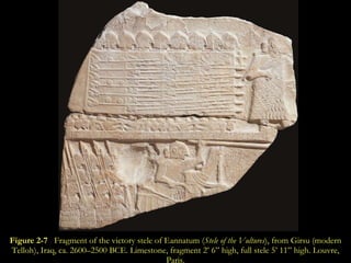 Figure 2-7   Fragment of the victory stele of Eannatum ( Stele of the Vultures ), from Girsu (modern Telloh), Iraq, ca. 2600–2500 BCE. Limestone, fragment 2’ 6” high, full stele 5’ 11” high. Louvre, Paris. 