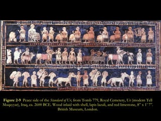 Figure 2-9   Peace side of the  Standard of Ur , from Tomb 779, Royal Cemetery, Ur (modern Tell Muqayyar), Iraq, ca. 2600 BCE. Wood inlaid with shell, lapis lazuli, and red limestone, 8” x 1’ 7”. British Museum, London. 