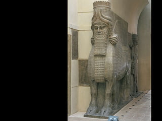Figure 2-21   Lamassu (winged, human-headed bull), from the citadel of Sargon II, Dur Sharrukin (modern Khorsabad), Iraq, ca. 720–705 BCE. Limestone, 13’ 10” high. Louvre, Paris. 