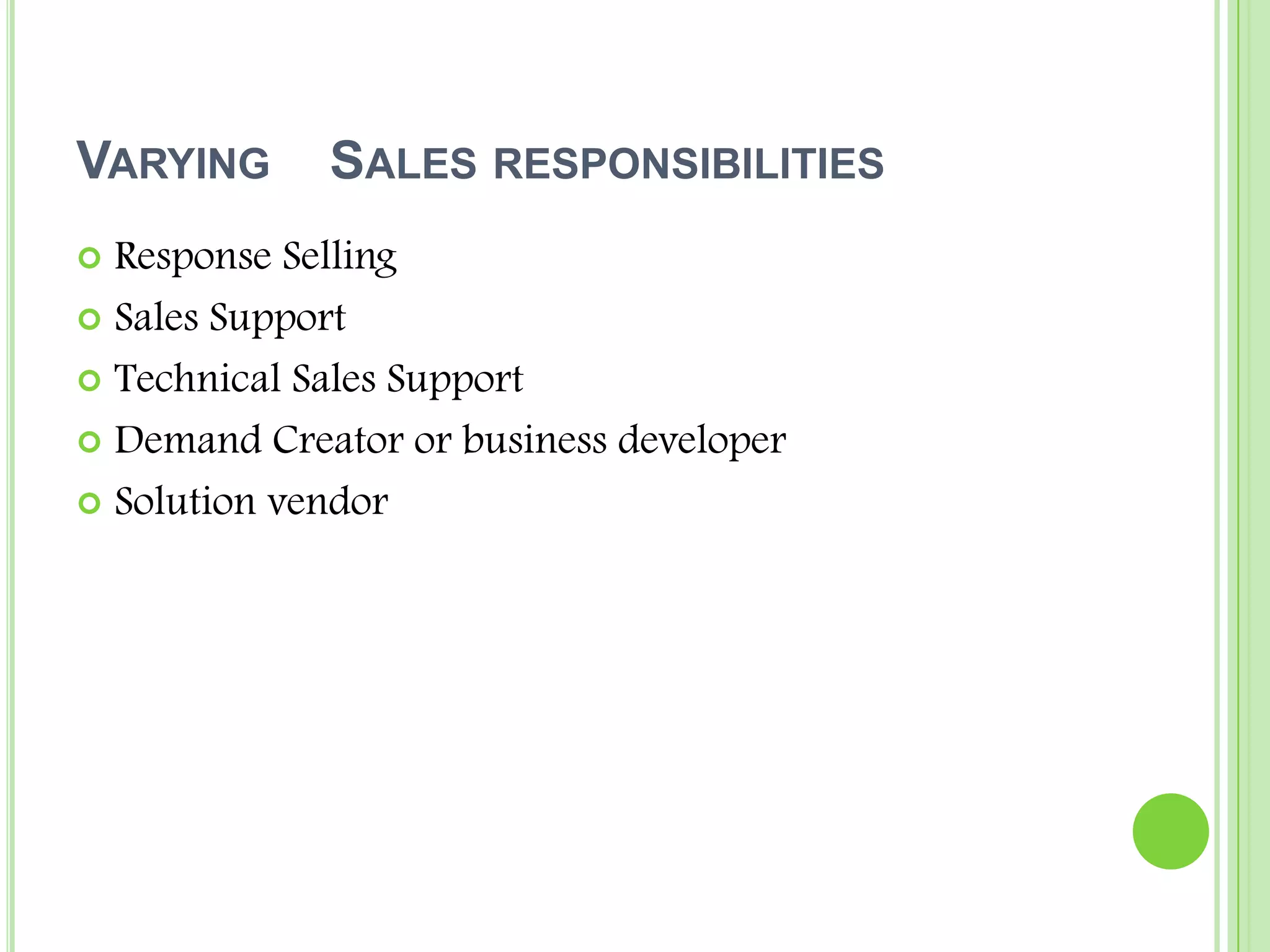 Varying    Sales responsibilitiesResponse SellingSales SupportTechnical Sales SupportDemand Creator or business developerSolution vendor