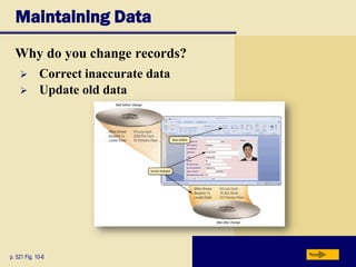Maintaining Data
Why do you change records?
p. 521 Fig. 10-6 Next
 Correct inaccurate data
 Update old data
 