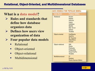 Relational, Object-Oriented, and Multidimensional Databases
What is a data model?
p. 532 Fig. 10-18 Next
 Rules and standards that
define how database
organizes data
 Defines how users view
organization of data
 Four popular data models
 Relational
 Object-oriented
 Object-relational
 Multidimensional
 