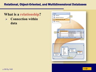 Relational, Object-Oriented, and Multidimensional Databases
What is a relationship?
p. 533 Fig. 10-20 Next
 Connection within
data
 