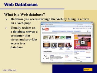 Web Databases
What is a Web database?
p. 536 - 537 Fig. 10-23 Next
 Database you access through the Web by filling in a form
on a Web page
 Usually resides on
a database server, a
computer that
stores and provides
access to a
database
 