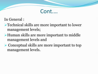 Cont.…
In General :
Technical skills are more important to lower
management levels;
Human skills are more important to middle
management levels and
 Conceptual skills are more important to top
management levels.
 