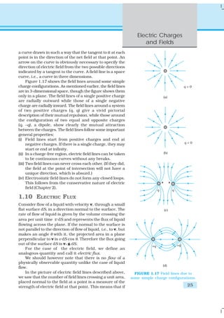 Electric Charges
                                                                         and Fields
a curve drawn in such a way that the tangent to it at each
point is in the direction of the net field at that point. An
arrow on the curve is obviously necessary to specify the
direction of electric field from the two possible directions
indicated by a tangent to the curve. A field line is a space
curve, i.e., a curve in three dimensions.
      Figure 1.17 shows the field lines around some simple
charge configurations. As mentioned earlier, the field lines
are in 3-dimensional space, though the figure shows them
only in a plane. The field lines of a single positive charge
are radially outward while those of a single negative
charge are radially inward. The field lines around a system
of two positive charges (q, q) give a vivid pictorial
description of their mutual repulsion, while those around
the configuration of two equal and opposite charges
(q, –q), a dipole, show clearly the mutual attraction
between the charges. The field lines follow some important
general properties:
(i) Field lines start from positive charges and end at
      negative charges. If there is a single charge, they may
      start or end at infinity.
(ii) In a charge-free region, electric field lines can be taken
      to be continuous curves without any breaks.
(iii) Two field lines can never cross each other. (If they did,
      the field at the point of intersection will not have a
      unique direction, which is absurd.)
(iv) Electrostatic field lines do not form any closed loops.
      This follows from the conservative nature of electric
      field (Chapter 2).

1.10 ELECTRIC FLUX
Consider flow of a liquid with velocity v, through a small
flat surface dS, in a direction normal to the surface. The
rate of flow of liquid is given by the volume crossing the
area per unit time v dS and represents the flux of liquid
flowing across the plane. If the normal to the surface is
not parallel to the direction of flow of liquid, i.e., to v, but
makes an angle θ with it, the projected area in a plane
perpendicular to v is v dS cos θ. Therefore the flux going
out of the surface dS is v. n dS.
                             ˆ
    For the case of the electric field, we define an
analogous quantity and call it electric flux.
    We should however note that there is no flow of a
physically observable quantity unlike the case of liquid
flow.
    In the picture of electric field lines described above,          FIGURE 1.17 Field lines due to
we saw that the number of field lines crossing a unit area,        some simple charge configurations.
placed normal to the field at a point is a measure of the
strength of electric field at that point. This means that if                                    25
 