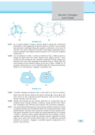 Electric Charges
                                                                       and Fields




                                FIGURE 1.35
1.27   In a certain region of space, electric field is along the z-direction
       throughout. The magnitude of electric field is, however, not constant
       but increases uniformly along the positive z-direction, at the rate of
       105 NC–1 per metre. What are the force and torque experienced by a
       system having a total dipole moment equal to 10–7 Cm in the negative
       z-direction ?
1.28   (a) A conductor A with a cavity as shown in Fig. 1.36(a) is given a
       charge Q. Show that the entire charge must appear on the outer
       surface of the conductor. (b) Another conductor B with charge q is
       inserted into the cavity keeping B insulated from A. Show that the
       total charge on the outside surface of A is Q + q [Fig. 1.36(b)]. (c) A
       sensitive instrument is to be shielded from the strong electrostatic
       fields in its environment. Suggest a possible way.




                                FIGURE 1.36

1.29   A hollow charged conductor has a tiny hole cut into its surface.
       Show that the electric field in the hole is (σ/2ε0) n , where n is the
                                                           ˆ         ˆ
       unit vector in the outward normal direction, and σ is the surface
       charge density near the hole.
1.30   Obtain the formula for the electric field due to a long thin wire of
       uniform linear charge density λ without using Gauss’s law. [Hint:
       Use Coulomb’s law directly and evaluate the necessary integral.]
1.31   It is now believed that protons and neutrons (which constitute nuclei
       of ordinary matter) are themselves built out of more elementary units
       called quarks. A proton and a neutron consist of three quarks each.
       Two types of quarks, the so called ‘up’ quark (denoted by u) of charge
       + (2/3) e, and the ‘down’ quark (denoted by d) of charge (–1/3) e,
       together with electrons build up ordinary matter. (Quarks of other
       types have also been found which give rise to different unusual
       varieties of matter.) Suggest a possible quark composition of a
       proton and neutron.                                                             49
 