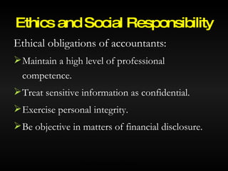 Ethical obligations of accountants: Maintain a high level of professional competence. Treat sensitive information as confidential. Exercise personal integrity. Be objective in matters of financial disclosure. Ethics and Social Responsibility © 2007 McGraw-Hill Ryerson Ltd. 