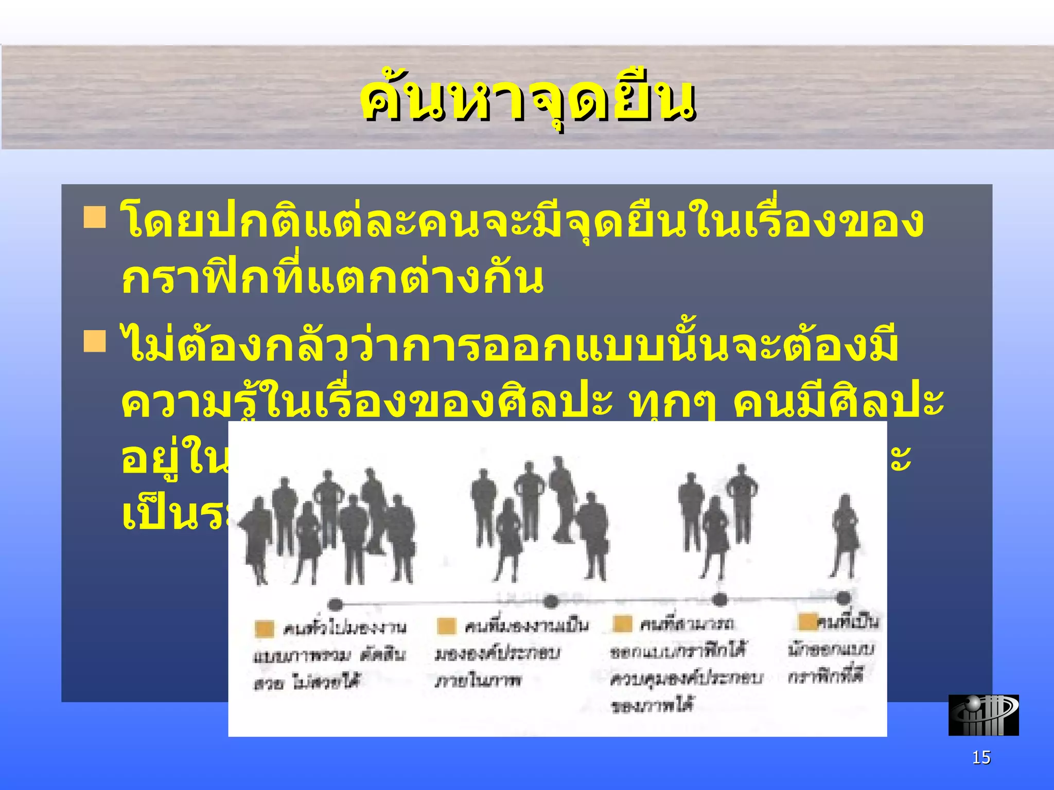ค้นหาจุดยืน โดยปกติแต่ละคนจะมีจุดยืนในเรื่องของกราฟิกที่แตกต่างกัน  ไม่ต้องกลัวว่าการออกแบบนั้นจะต้องมีความรู้ในเรื่องของศิลปะ ทุกๆ คนมีศิลปะอยู่ในตัวอยู่แล้วทุกๆ คน ขึ้นอยู่กับว่าจะเป็นระดับไหนเท่านั้นเอง 