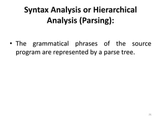 Syntax Analysis or Hierarchical Analysis (Parsing):The grammatical phrases of the source program are represented by a parse tree.26