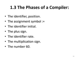 1.3 The Phases of a Compiler:The identifier, position.The assignment symbol :=The identifier initial.The plus sign.The identifier rate.The multiplication sign.The number 60.43