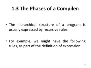1.3 The Phases of a Compiler:The hierarchical structure of a program is usually expressed by recursive rules.For example, we might have the following rules, as part of the definition of expression:50