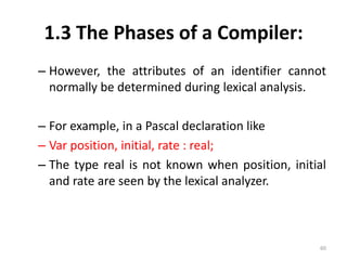 1.3 The Phases of a Compiler:However, the attributes of an identifier cannot normally be determined during lexical analysis.For example, in a Pascal declaration likeVar position, initial, rate : real;The type real is not known when position, initial and rate are seen by the lexical analyzer.60