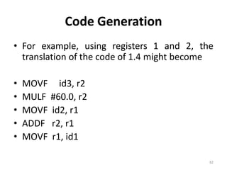 Code GenerationFor example, using registers 1 and 2, the translation of the code of 1.4 might becomeMOVF	id3, r2MULF  #60.0, r2MOVF  id2, r1ADDF   r2, r1MOVF  r1, id182