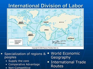 International Division of Labor Specialization of regions & peoples Supply the core Comparative Advantage Non-Competitive World Economic Geography International Trade Routes 