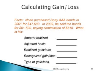 2010 Cengage Learning Facts:  Noah purchased Sony AAA bonds in 2001 for $47,600.  In 2009, he sold the bonds for $51,500, paying commission of $515.  What is his: Amount realized  ___________ Adjusted basis  ___________ Realized gain/loss  ___________ Recognized gain/loss  ___________ Type of gain/loss  ___________ 