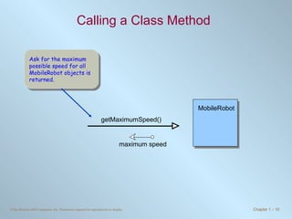 Calling a Class Method maximum speed MobileRobot getMaximumSpeed() Ask for the maximum possible speed for all MobileRobot objects is returned. 