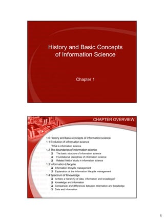 History and Basic Concepts
   of Information Science



                            Chapter 1




                                           CHAPTER OVERVIEW



1.0 History and basic concepts of information science
1.1 Evolution of information science
    What is information science
1.2 The boundaries of information science
        The basic structure of information science
        Foundational disciplines of information science
        Related field of study in information science
1.3 Information Lifecycle
     Information lifecycle management
     Explanation of the information lifecycle management
1.4 Spectrum of Knowledge
       Is there a hierarchy of data, information and knowledge?
       Knowledge and information
       Comparison and differences between information and knowledge
       Data and information




                                                                       1
 