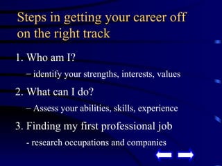 Steps in getting your career off on the right track 1. Who am I? identify your strengths, interests, values 2. What can I do? Assess your abilities, skills, experience 3. Finding my first professional job - research occupations and companies 