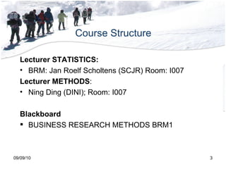 Course Structure 09/09/10 Lecturer STATISTICS: BRM: Jan Roelf Scholtens (SCJR) Room: I007 Lecturer METHODS : Ning Ding (DINI); Room: I007 Blackboard BUSINESS RESEARCH METHODS BRM1  