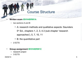 Course Structure 09/09/10 Written exam  IBVH4BRM1A two sections A and B A: research methods and qualitative aspects: Saunders 5 th  Ed., chapters 1, 2, 3, 4.3 (sub chapter ‘research approaches’), 5, 7, 10, 11  B: the quantitative part 2 ECTS Group assignment   IBVH4BRM1C research project 3 ECTS 