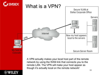 What is a VPN? A VPN actually makes your local host part of the remote network by using the WAN link that connects you to the remote LAN. The VPN will make your host appear as though it’s actually local on the remote network!  