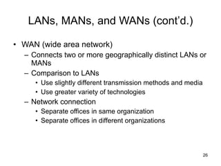 LANs, MANs, and WANs (cont’d.) WAN (wide area network) Connects two or more geographically distinct LANs or MANs Comparison to LANs Use slightly different transmission methods and media Use greater variety of technologies Network connection Separate offices in same organization Separate offices in different organizations 