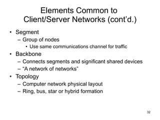 Elements Common to  Client/Server Networks (cont’d.) Segment Group of nodes Use same communications channel for traffic Backbone Connects segments and significant shared devices “ A network of networks” Topology Computer network physical layout Ring, bus, star or hybrid formation 
