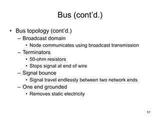 Bus (cont’d.) Bus topology (cont’d.) Broadcast domain Node communicates using broadcast transmission Terminators 50-ohm resistors Stops signal at end of wire Signal bounce Signal travel endlessly between two network ends One end grounded Removes static electricity 