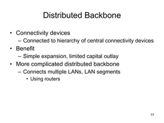 Distributed Backbone Connectivity devices Connected to hierarchy of central connectivity devices Benefit Simple expansion, limited capital outlay More complicated distributed backbone Connects multiple LANs, LAN segments Using routers 