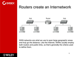 Routers create an Internetwork WAN networks are what we use to span large geographic areas and truly go the distance. Like the Internet, WANs usually employ both routers and public links, so that’s generally the criteria used to define them.  