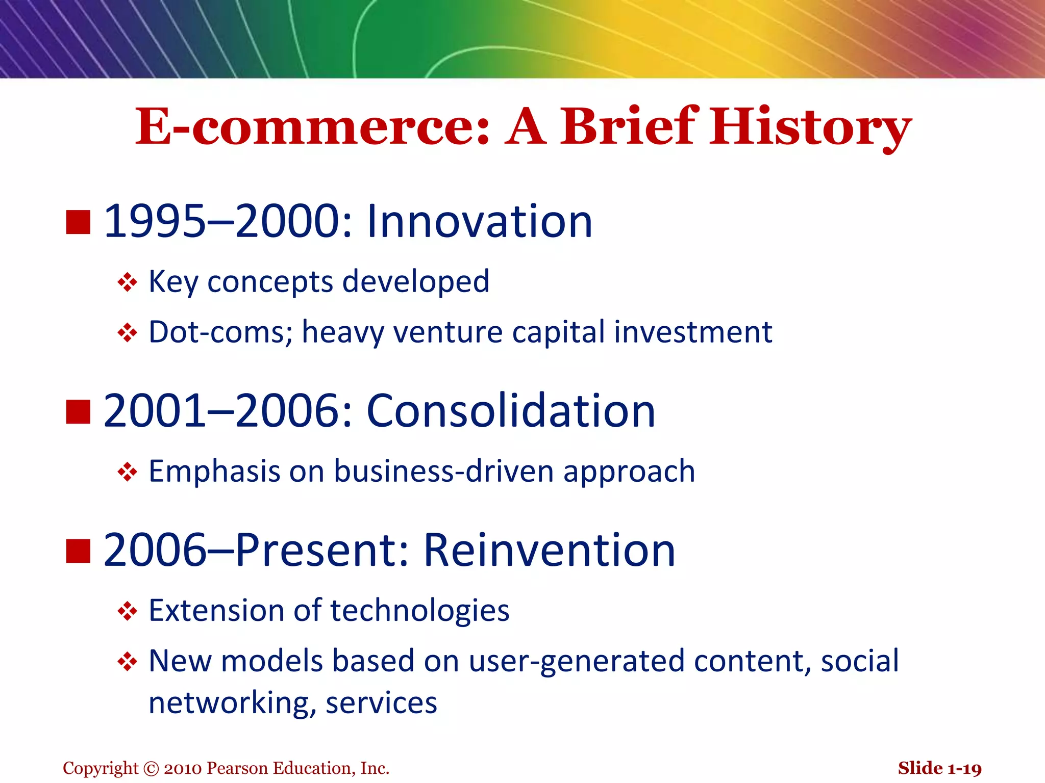 Copyright © 2010 Pearson Education, Inc.E-commerce: A Brief History1995–2000: InnovationKey concepts developedDot-coms; heavy venture capital investment2001–2006: ConsolidationEmphasis on business-driven approach2006–Present: ReinventionExtension of technologiesNew models based on user-generated content, social networking, servicesSlide 1-19