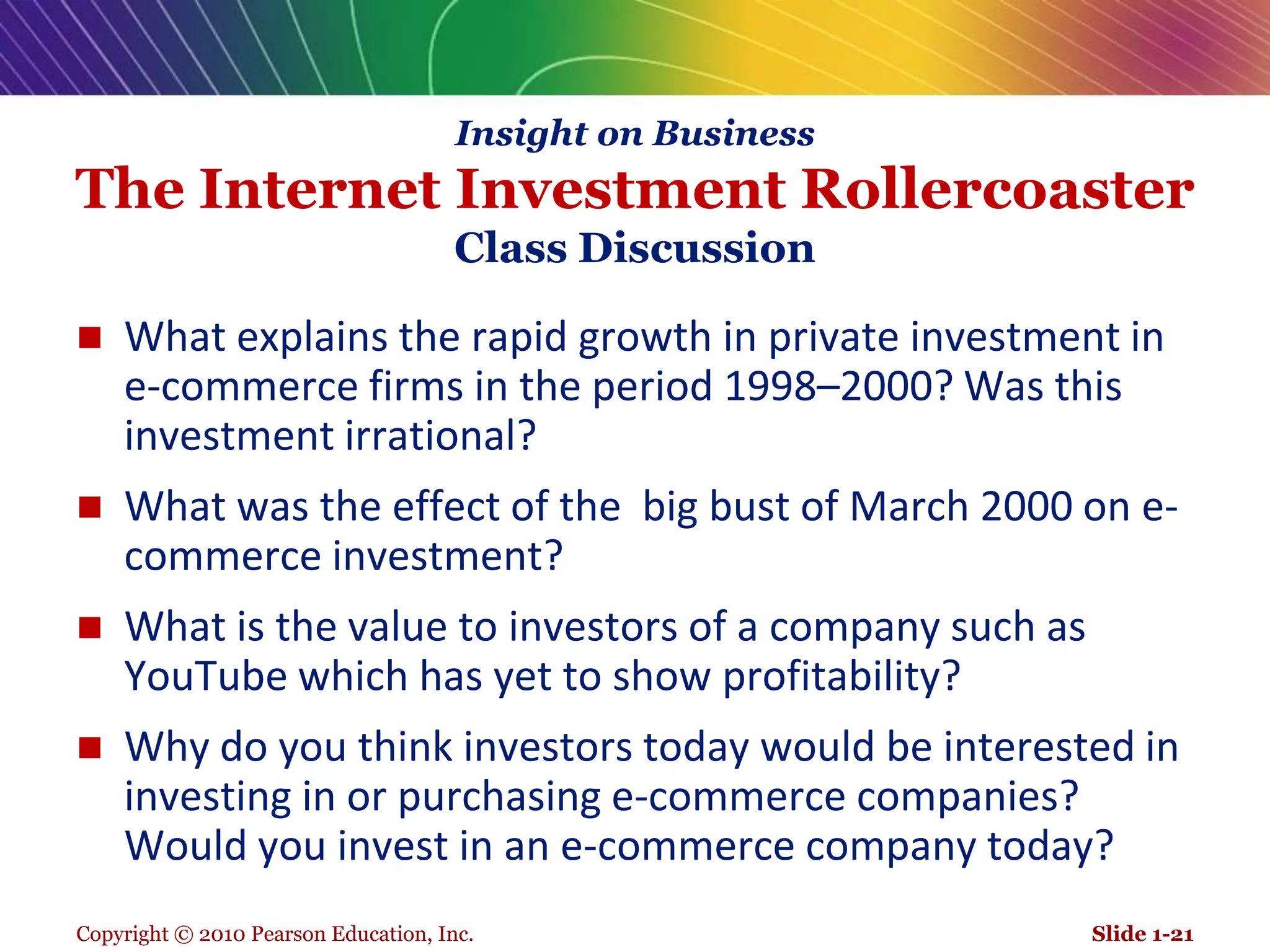 Copyright © 2010 Pearson Education, Inc.Insight on BusinessThe Internet Investment RollercoasterClass DiscussionWhat explains the rapid growth in private investment in e-commerce firms in the period 1998–2000? Was this investment irrational?What was the effect of the  big bust of March 2000 on e-commerce investment?What is the value to investors of a company such as YouTube which has yet to show profitability?Why do you think investors today would be interested in investing in or purchasing e-commerce companies?  Would you invest in an e-commerce company today? Slide 1-21