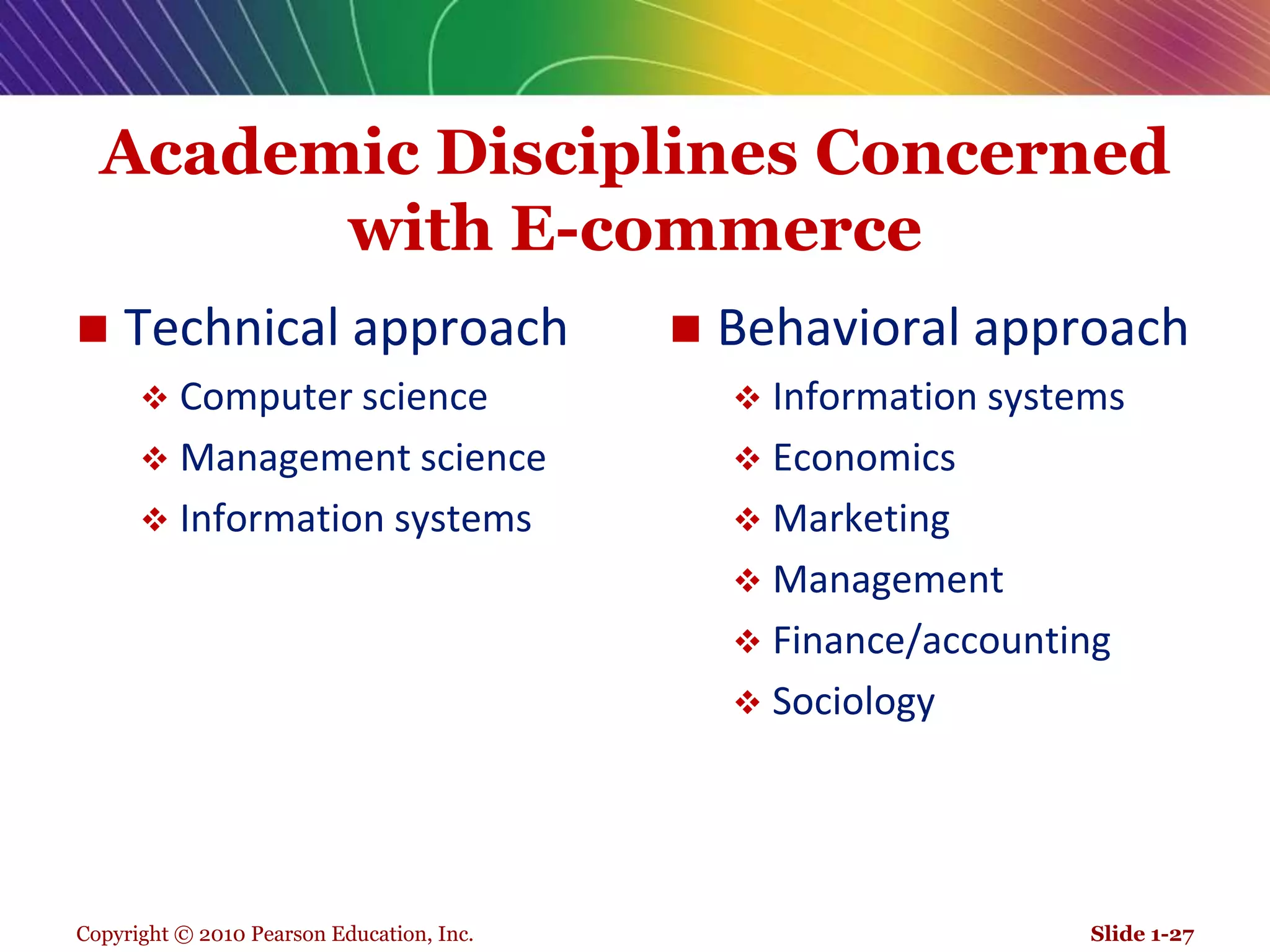 Copyright © 2010 Pearson Education, Inc.Academic Disciplines Concerned with E-commerceTechnical approachComputer scienceManagement scienceInformation systemsBehavioral approachInformation systemsEconomicsMarketingManagementFinance/accountingSociologySlide 1-27