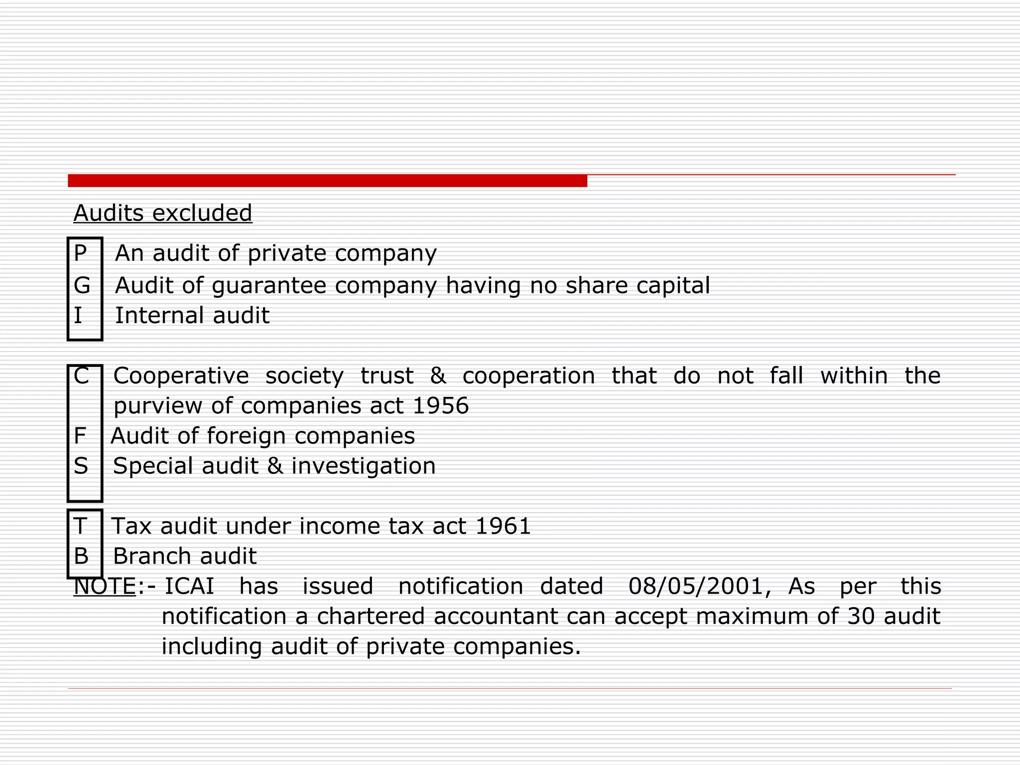 Audits excluded P  An audit of private company  G  Audit of guarantee company having no share capital I  Internal audit C  Cooperative  society  trust  &  cooperation  that  do  not  fall  within  the purview of companies act 1956 F  Audit of foreign companies S  Special audit & investigation T  Tax audit under income tax act 1961 B  Branch audit NOTE :- ICAI  has  issued  notification  dated  08/05/2001,  As  per  this notification a chartered accountant can accept maximum of 30 audit including audit of private companies. 