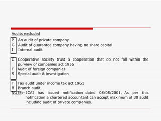 Audits excluded P  An audit of private company  G  Audit of guarantee company having no share capital I  Internal audit C  Cooperative  society  trust  &  cooperation  that  do  not  fall  within  the purview of companies act 1956 F  Audit of foreign companies S  Special audit & investigation T  Tax audit under income tax act 1961 B  Branch audit NOTE :- ICAI  has  issued  notification  dated  08/05/2001,  As  per  this notification a chartered accountant can accept maximum of 30 audit including audit of private companies. 