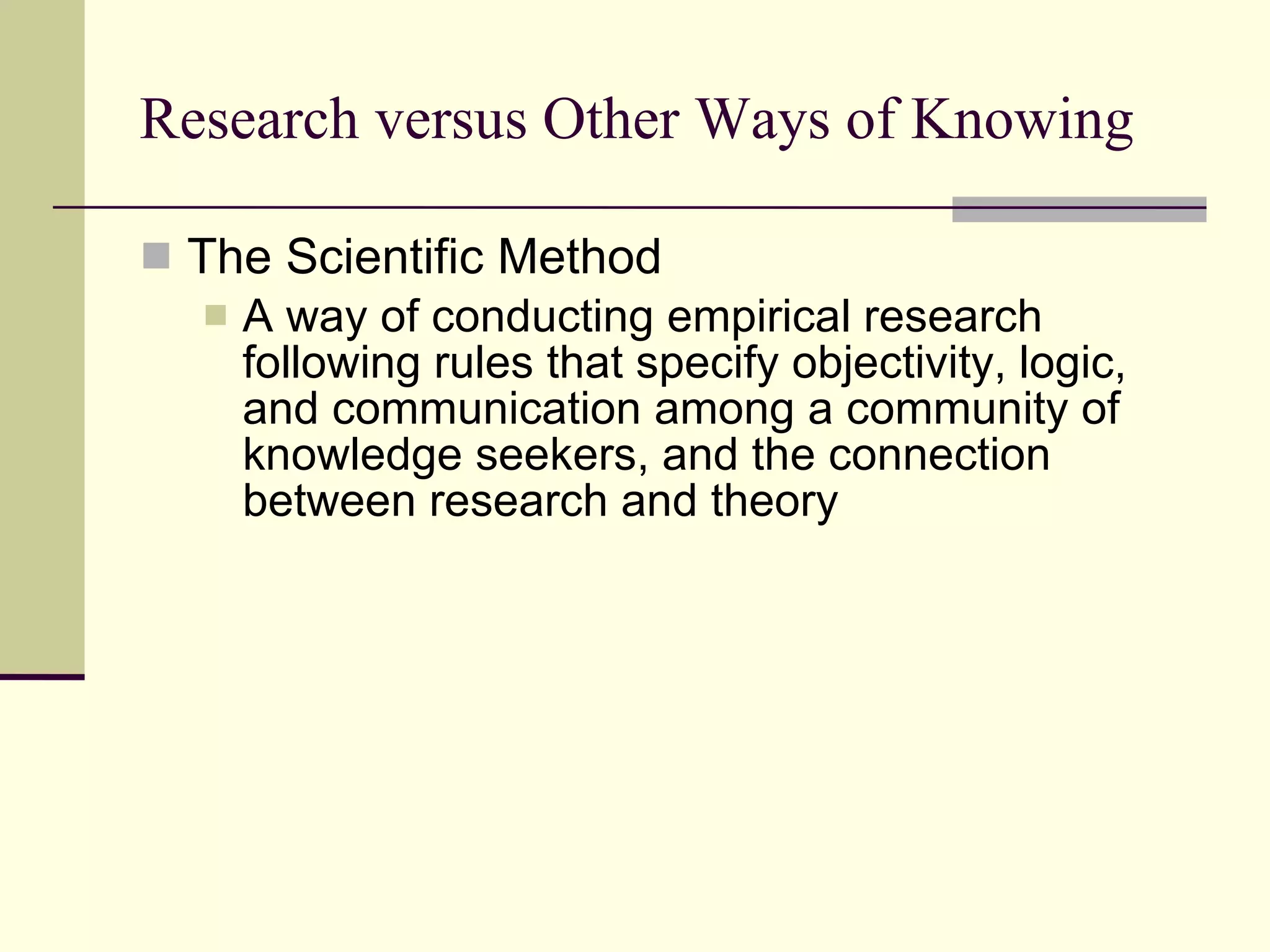 Research versus Other Ways of Knowing The Scientific Method A way of conducting empirical research following rules that specify objectivity, logic, and communication among a community of knowledge seekers, and the connection between research and theory  