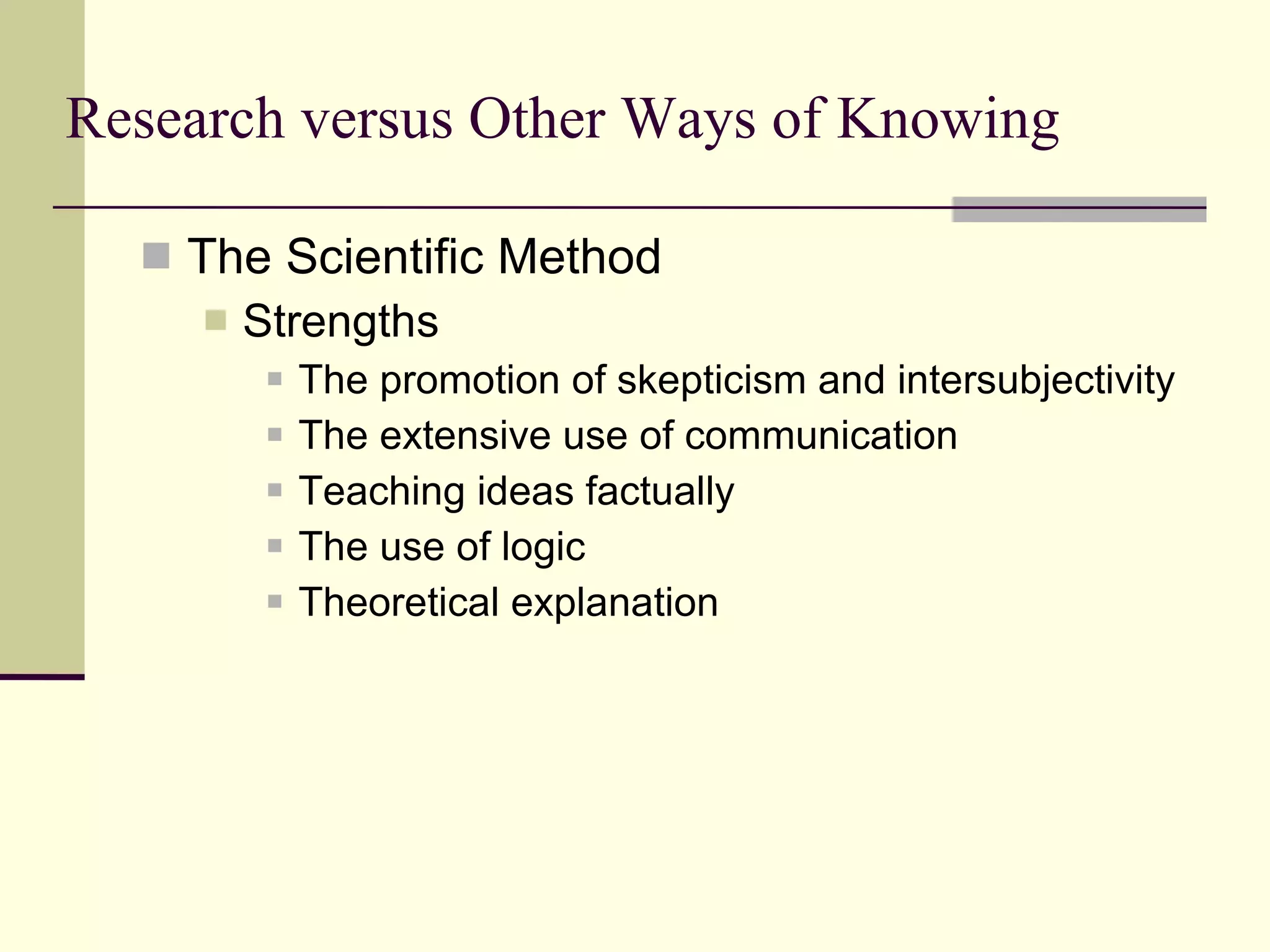 Research versus Other Ways of Knowing The Scientific Method Strengths The promotion of skepticism and intersubjectivity The extensive use of communication Teaching ideas factually The use of logic Theoretical explanation 