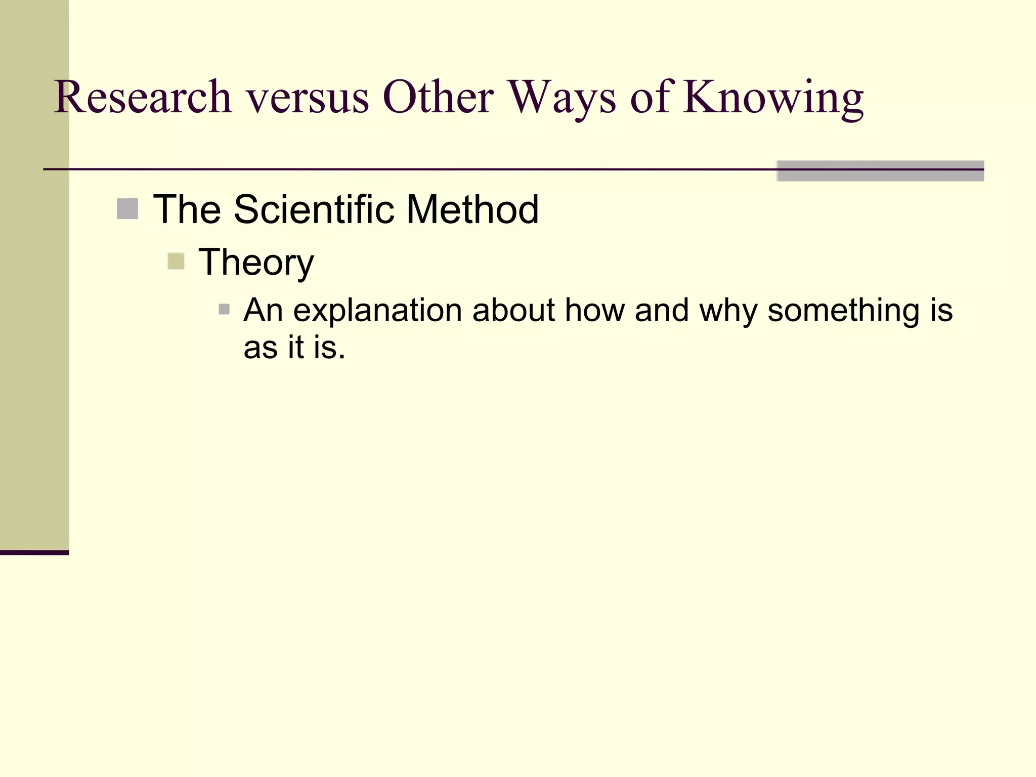 Research versus Other Ways of Knowing The Scientific Method Theory An explanation about how and why something is as it is.  