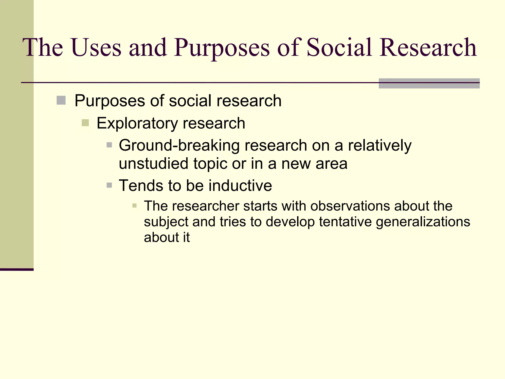 The Uses and Purposes of Social Research Purposes of social research Exploratory research Ground-breaking research on a relatively unstudied topic or in a new area  Tends to be inductive The researcher starts with observations about the subject and tries to develop tentative generalizations about it  