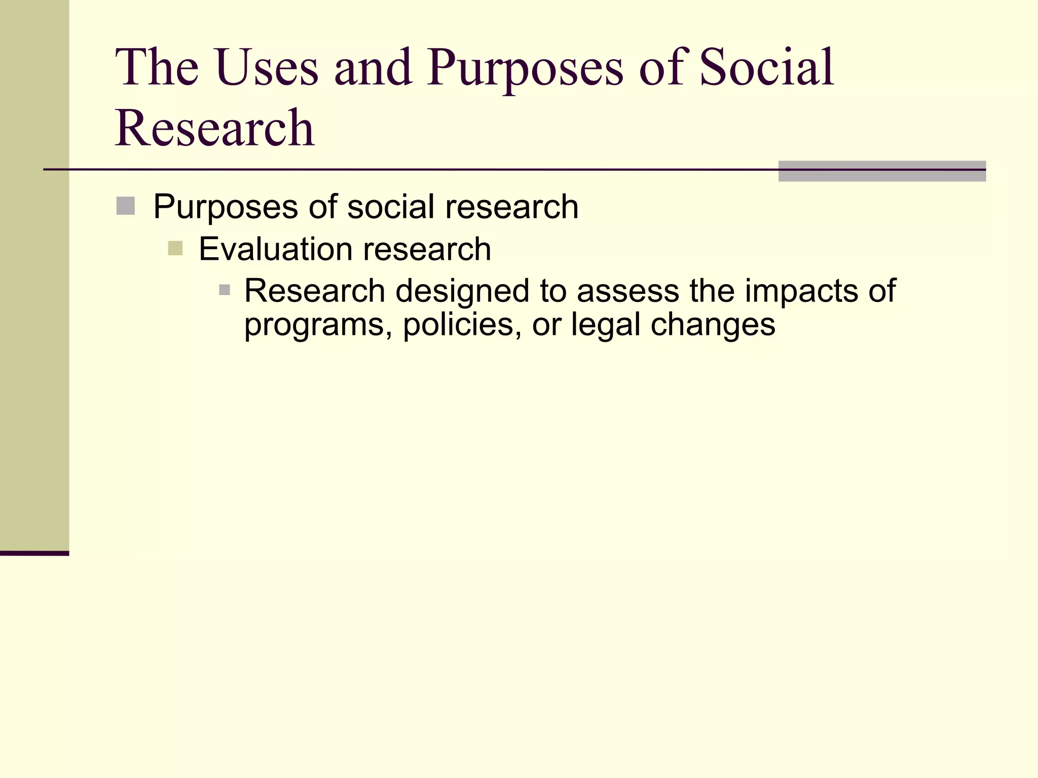 The Uses and Purposes of Social Research Purposes of social research Evaluation research Research designed to assess the impacts of programs, policies, or legal changes   