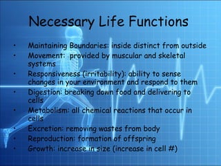 Necessary Life Functions   Maintaining Boundaries: inside distinct from outside Movement:  provided by muscular and skeletal systems Responsiveness (irritability): ability to sense changes in your environment and respond to them Digestion: breaking down food and delivering to cells Metabolism: all chemical reactions that occur in cells Excretion: removing wastes from body Reproduction: formation of offspring Growth: increase in size (increase in cell #) 