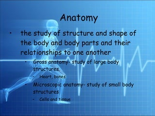 Anatomy  the study of structure and shape of the body and body parts and their relationships to one another Gross anatomy- study of large body structures. Heart, bones Microscopic anatomy- study of small body structures Cells and tissue Anatomy   
