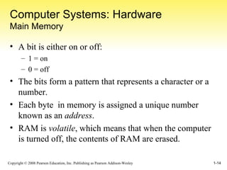 Computer Systems: Hardware Main Memory A bit is either on or off: 1 = on 0 = off The bits form a pattern that represents a character or a number. Each byte  in memory is assigned a unique number known as an  address .  RAM is  volatile , which means that when the computer is turned off, the contents of RAM are erased. 