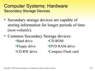 Computer Systems: Hardware Secondary Storage Devices Secondary storage devices are capable of storing information for longer periods of time ( non-volatile ). Common Secondary Storage devices: Hard drive Floppy drive CD RW drive CD ROM DVD RAM drive Compact Flash card 