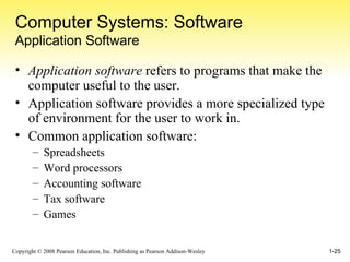 Computer Systems: Software Application Software Application software  refers to programs that make the computer useful to the user. Application software provides a more specialized type of environment for the user to work in. Common application software: Spreadsheets Word processors Accounting software Tax software Games 