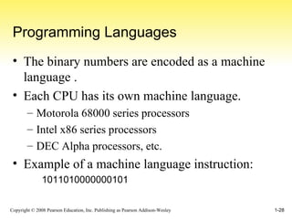 Programming Languages The binary numbers are encoded as a machine language . Each CPU has its own machine language. Motorola 68000 series processors Intel x86 series processors DEC Alpha processors, etc. Example of a machine language instruction: 1011010000000101 