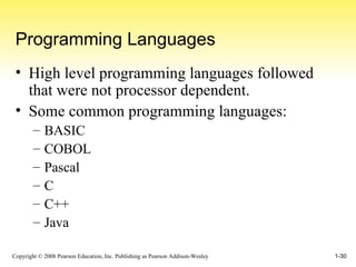 Programming Languages High level programming languages followed that were not processor dependent. Some common programming languages: BASIC COBOL Pascal C C++ Java 