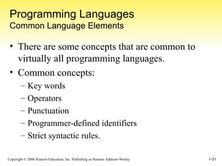 Programming Languages Common Language Elements There are some concepts that are common to virtually all programming languages. Common concepts: Key words Operators Punctuation Programmer-defined identifiers Strict syntactic rules. 
